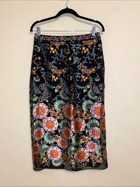 Alice + Olivia Black Floral Silk Burnout Midi Skirt 8 $440 MAIVE DEVORÉ-SATIN